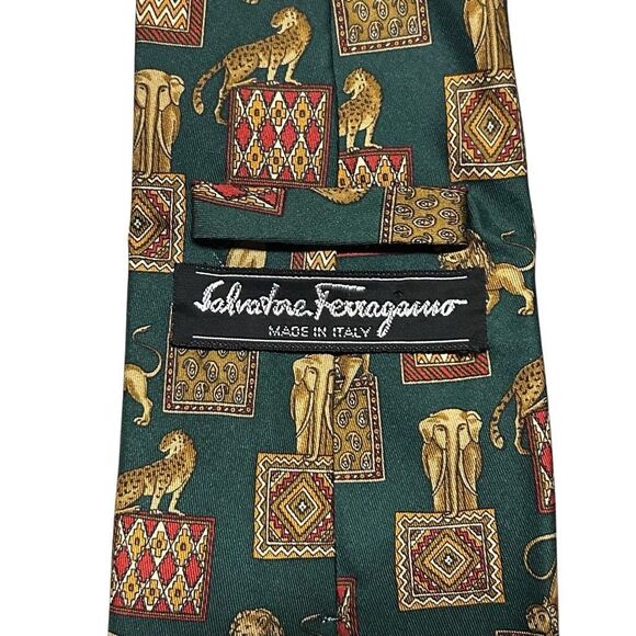 Salvatore Ferragamo Mens Green Lion Lioness Designer Silk Neck Tie Luxury - Picture 9 of 13